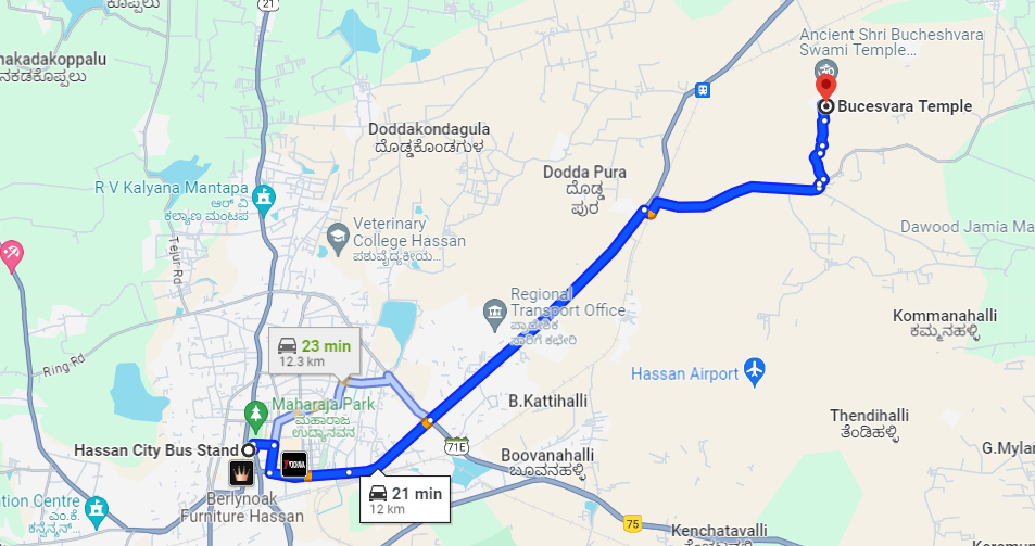 Distance between Hassan City Bus Stand to Bucesvara Temple