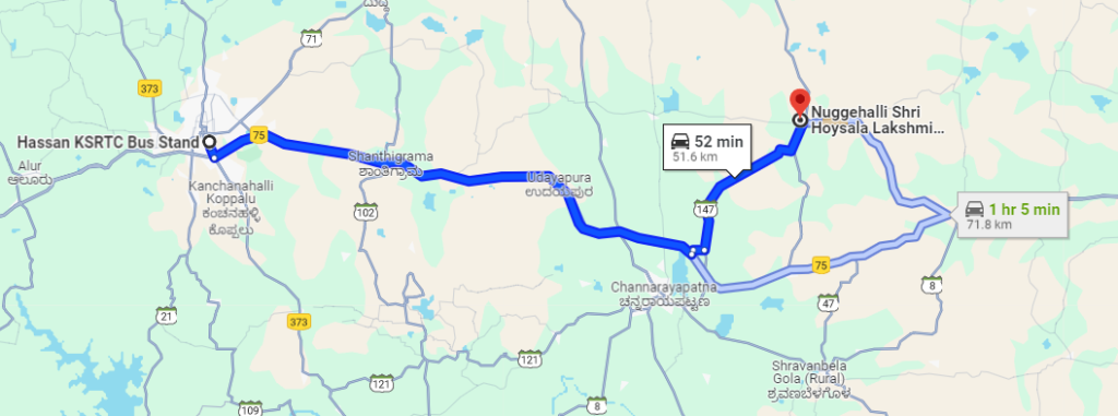 Distance between Hassan Bus Stand to Nuggehalli Shri Hoysala Lakshmi Narasimha Temple