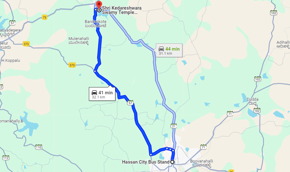 Distance between Hassan City Bus Stand to Shri Kedareshwara Swamy temple, Helebidu
