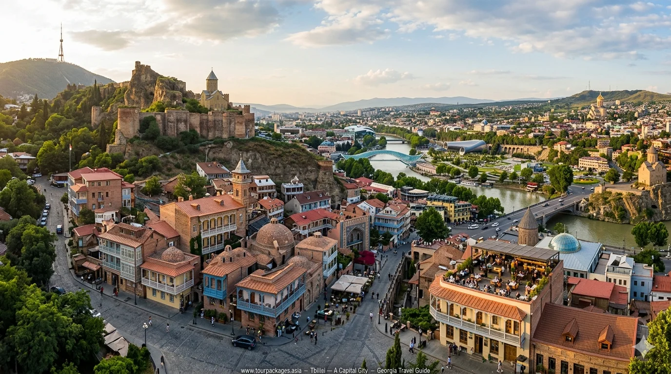Georgia travel guide 2026 — Tbilisi Old Town, Kazbegi Gergeti Trinity Church, Kakheti vineyards, Batumi Black Sea coast